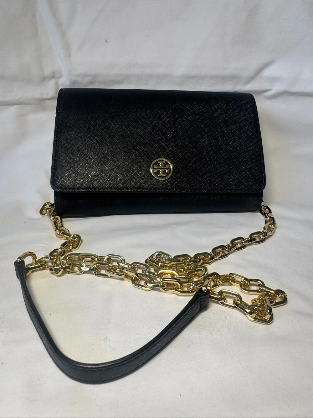 Tory Burch Black Saffiano Leather Crossbody with Gold Chain
